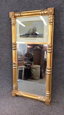 Federal Split Column Mirror. Reverse Painted Upper pictorial of sailing vessel, gilt paint with 