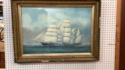 Watercolor Of Sailing Vessel, Rothesay Bay. Signed at lower right J. Hall....3 Mast vessel 