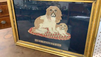 Antique Needlepoint of Spaniels. “ The Favorites” 7 x 10 inch hand work piece, mounted in gilt 