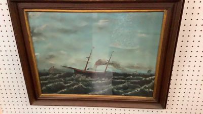 Oil on Panel, Steamer Ship on Turbulent Sea. No signature..22.5 x 17 inches sight...mounted 