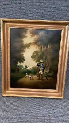 2 Oil on canvas Hunting Groups. Both 14 x 18.5 inch sight...shows gentleman in Colonial style 
