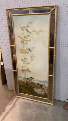 Oil on board Trumeau Style Mirror/ Art Work. Asian design painting at center, 50 inches tall x 