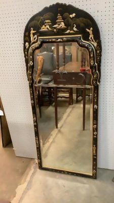 Chinoiserie Lacquer Mirror. Hand Painted black lacquer Frame, borders exceptionally nice beveled 