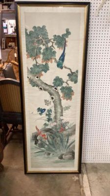 Asian Watercolor. 26 x 80 inches, Bird in a flowering tree, great color...contemporary black and 