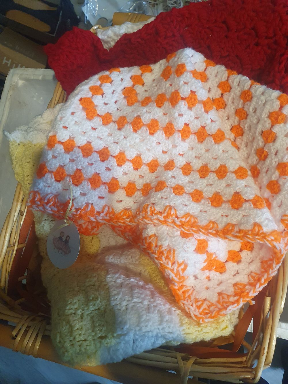 Lot 12w: Lot of handmade wool blankets basket included