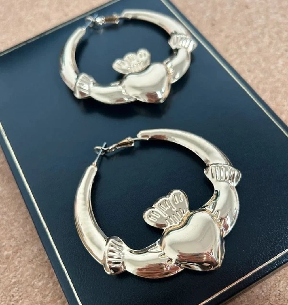 Lot 518: 9k Gold filled X-Large Round Irish Claddagh earings