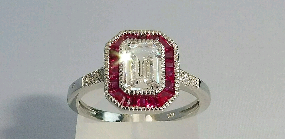 Lot 167: Sterling 925 Silver Ruby White Sapphire Ring Art Deco Halo Style