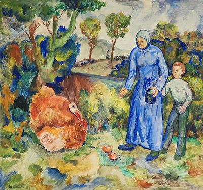 "Птичий двор. Кормление".
1967 год. б./ гуашь, тушь. 43,0 * 47,2. / 4848 / 2-368