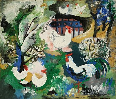 "Птичий двор". 1966 год.
картон/ темпера, белила. 39,4 * 47,8. / 4828 / 2-348