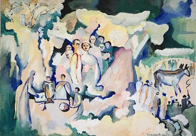 "Праздник в селении". 1966 год.
б./ гуашь, белила. 40,4 * 57,6. / 4859 / 2-379