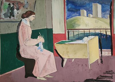 "У детской кроватки".
ок.1966 года. б./ темпера, гуашь, тушь. 32 * 44. / 4863 / 2-383