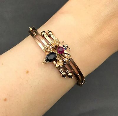 ЗОЛОТО 56 пр! ОДЕССА, XIX век! РЕДКИЙ БРАСЛЕТ "БАБОЧКА"! САПФИР 1,5 ct И РУБИН 0,65 ct! 17,5 размер!