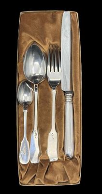 СЕРЕБРО 84 пр! КАРЛ ФАБЕРЖЕ! ОРИГИНАЛ! СТОЛОВЫЙ НАБОР "ЭГОИСТ" НА ОДНУ ПЕРСОНУ! 311 гр!. СЕРЕБРО 