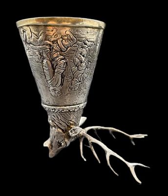 СЕРЕБРО ХАНАУ! ГЕРМАНИЯ, XIX в! СЮЖЕТНЫЙ ОХОТНИЧИЙ КУБОК "ОЛЕНЬ"! ! 400 мл! 399 гр!. СЕРЕБРО 800 