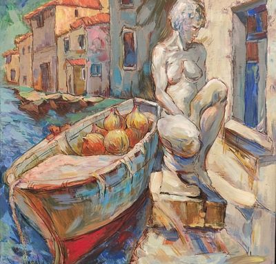 Удалов Константин Николаевич “Урожай в лодке 2 . Венецианские фантазии , 60х60 х.см.техника 2025 г.