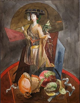 Виктор Михайлович Шмохин (1940-2022). Заслуженный художник РФ - Натюрморт с японской куклой 1995 . З 