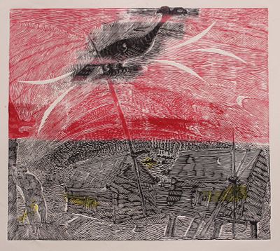 Геннадий Райшев - Глухарь на крестовине, 1975. Бумага/ цветная линогравюра, мокрая бумага. 