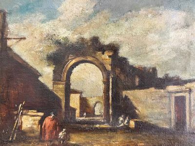 Круг Джакомо Гварди - ЭКСПЕРТИЗА Картина Пейзаж с разрушенной аркой СЕРЕДИНА XIX ВЕКА. На обороте 