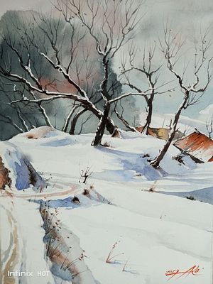 Юрий Казьмин - "Первый снег", 2025.акварель, бумага, 21&times;30