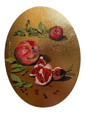 Владимир Ребров - Тондо Гранат. Холст, поталь, масло 
Диаметр 30 см 
Названный королем фруктов 