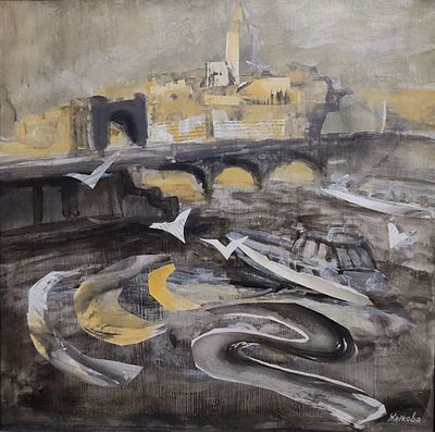 Маргарита Жаркова - "Стамбул. Галатский мост" 35х35 смешанная техника, акрил, коллаж на бумаге. Мар 