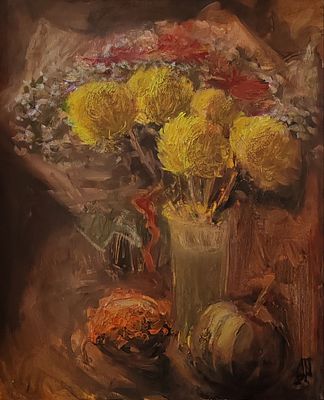 Людмила Ожиганова - Натюрморт с жёлтыми хризантемами, 
х/акрил, 50х40, 2025г. . Биография художницы 