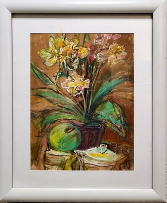Людмила Ожигаенова - Натюрморт с орхидей, рама (со стеклом) 
Бумага, пастель, 40х30, 2023г. В 
