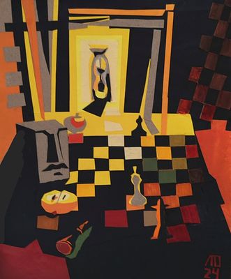 Людмила Ожиганова - Игра с наблюдателем, 
Коллаж, цв. бумага, 50х40, 2024г. Людмила Ожиганова — 