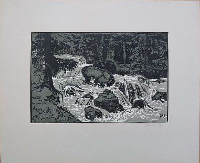 Ольга Лапшина - "Водопад Муруджу", цветная линогравюра, 3 доски, 17х25,5 1978.г. Авторская ручная 