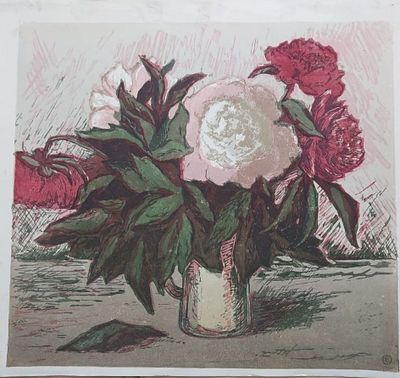 Ольга Лапшина - "Пионы", цветная линогравюра, 34х37,5, 5 досок, 1982 г. Авторская ручная печать. Лап 