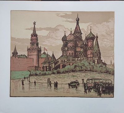 Лапшина Ольга - "Свидетели былых времен", цветная линогравюра, 5 досок, 37,5х45,5,1979 г, тираж 500 экз