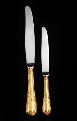 СЕРЕБРО 925 пр! CHRISTOFLE (КРИСТОФЛЬ)! КОМПЛЕКТ НОЖЕЙ &laquo;MARLY&raquo;! ЗОЛОЧЕНИЕ! 24,5 см; 19,5 см! 151 гр