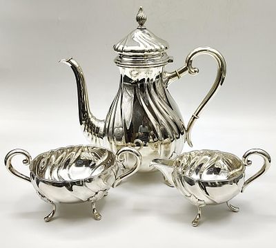 СЕРЕБРО! ДАНИЯ! ШИКАРНЫЙ ЧАЙНО-КОФЕЙНЫЙ СЕРВИЗ! 920 гр. СЕРЕБРО 830 ПРОБА! ДАНИЯ, РУБЕЖ XIX/XX 