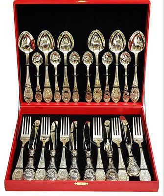 СЕРЕБРО 925 пр! РУССКИЕ САМОЦВЕТЫ! СТОЛОВЫЙ НАБОР "ГОСУДАРСТВЕННЫЙ" НА 6 ПЕРСОН, 24 ПРЕДМЕТА! 2 кг!