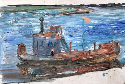 Геннадий Степанович Райшев (1934-2020) - Плашкоут на Салыме
1967 г. Картон, масло. 38x56 см. Провен 