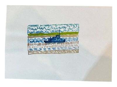 Геннадий Степанович Райшев (1934-2020) - Эскиз к картин Плашкоут на Салыме. А4. Провенанс: из семьи 