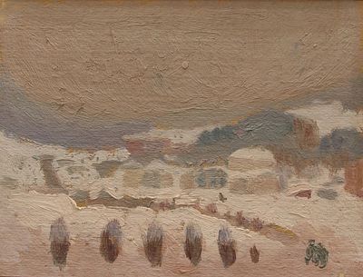 Геннадий Степанович Райшев (1934-2020) - Уральская деревня. 1980-е гг. Картон, масло. 15,9x21 см. . 