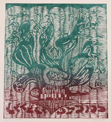 Геннадий Степанович Райшев (1934-2020) - Утиный гомон. 1974. Бумага/ цветная линогравюра. 