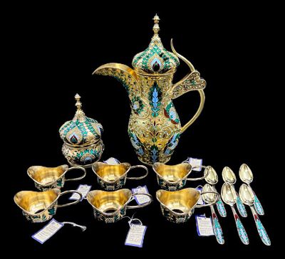 СЕРЕБРО 925 пр! РУССКИЕ САМОЦВЕТЫ! ГОРЯЧАЯ ЭМАЛЬ! КОФЕЙНЫЙ СЕРВИЗ "ХОТТАБЫЧ"! 1,82 кг!. СЕРЕБРО 