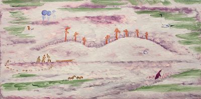 Сиреневый песок. 2009 г. ДВП, масло. 44,8x90 см. 
По периметру ДВП прибита к подрамнику гвоздями 