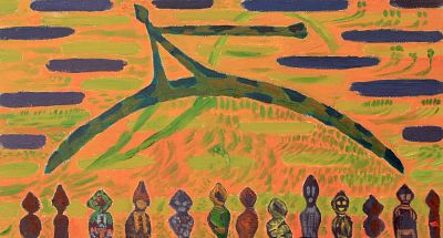 Хантыйские люди и пространство 
1990-е 
1990 г. Холст, масло. 35x64 см. 