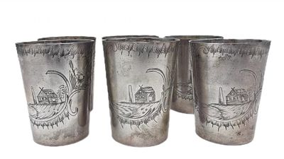 СЕРЕРБРО 84 пр! КОМПЛЕКТ 6 СТОПОК С ДОМИКОМ! ВЫСОКОХУДОЖЕСТВЕННЫЙ ШТИХЕЛЬ! по 60 мл! 218 гр!. СЕР 