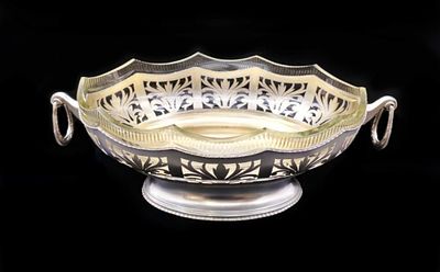 СЕРЕБРО АВСТРИЯ! МОДЕРН! БОЛЬШАЯ ПРОРЕЗНАЯ ВАЗА ДЛЯ ФРУКТОВ С РОДНЫМ СТЕКЛОМ! 2 кг. СЕРЕБРО 800 