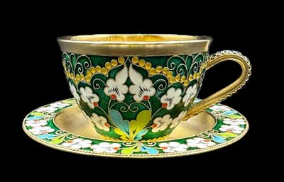 СЕРЕБРО СССР, 925 пр! ГОРЯЧАЯ ЭМАЛЬ, РУССКИЕ САМОЦВЕТЫ! ИЗУМИТЕЛЬНАЯ ЧАЙНАЯ /КОФЕЙНАЯ ПАРА! 226 гр!