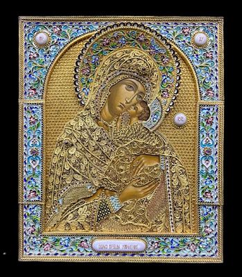 СЕРЕБРО! КРАСИВЕЙШАЯ ИКОНА ПРЕСВЯТОЙ БОГОРОДИЦЫ &laquo;УМИЛЕНИЕ&raquo; В ОКЛАДЕ! ЭМАЛЬ, КАМЕНЬЯ, ЗОЛОТО!. СЕР 