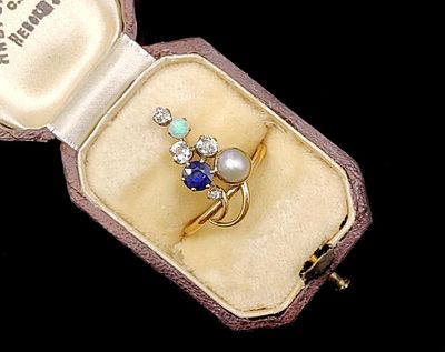 ЗОЛОТО 56 пр! КОЛЬЦО "ВЕТОЧКА" С БРИЛЛИАНТАМИ 0,4 ct, САПФИРОМ 0,6 ct, ОПАЛОМ И ЖЕМЧУГОМ!. ЗОЛОТО 