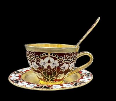 СЕРЕБРО СССР, 916 пр! РУССКИЕ САМОЦВЕТЫ! ГОРЯЧАЯ ЭМАЛЬ! ИЗУМИТЕЛЬНАЯ КОФЕЙНАЯ ПАРА! 230 гр!. СЕРЕ 