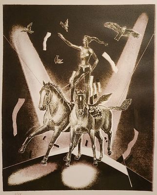 Виктор Шмохин - Из серии: Цирк-83. "Гимнастка с птицами". 1983 год. 37,5 * 29,7. Оттиск с 