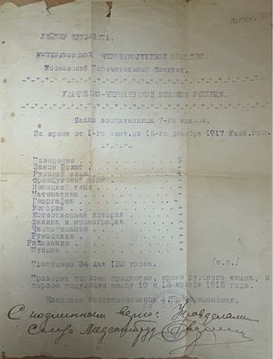 Табель Усачево-Черняевского женского училища 1917 Лейнер Елизаветы