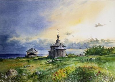 Юрий Казьмин - "Вечер на о. Заяцкий. Соловки", 2026&copy;
Акварель, бумага, 29*42 см. Паспарту и рама. Ч 